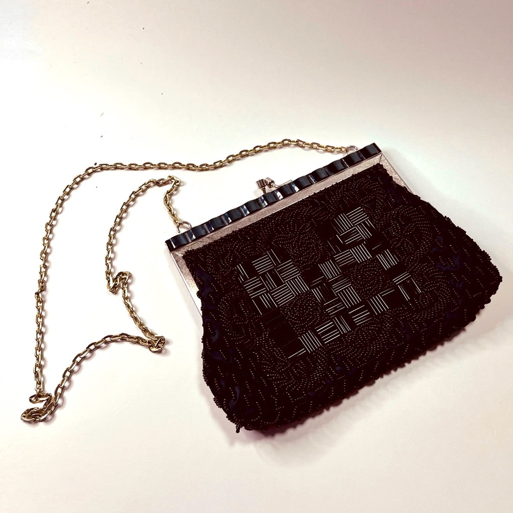 Vintage Beaded Fine arts bag Black with gold chain-Made in Hong Kong